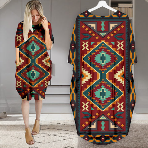 Powwow StoreGBNAT00061 Pattern Native Batwing Pocket Midi Dress