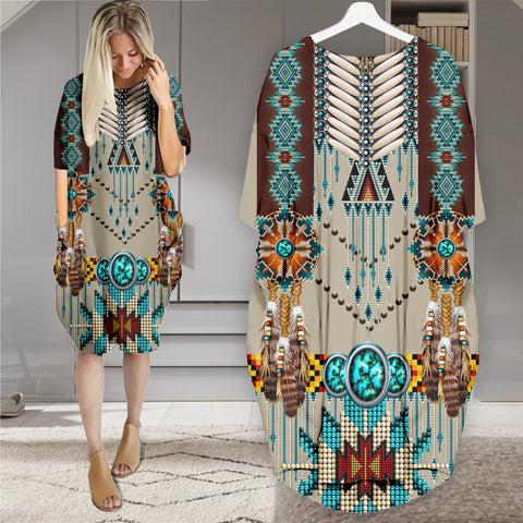 Powwow StoreGBNAT00069 Pattern Native Batwing Pocket Midi Dress