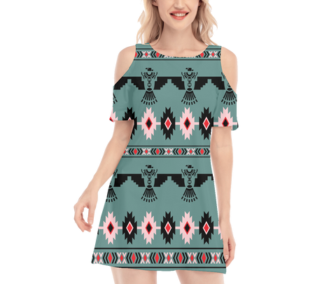 Powwow StoreGBNAT00312 Pattern Native Women's Cold Shoulder Oneck Dress