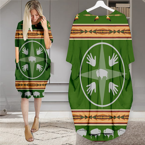 Powwow StoreGBNAT00264 Pattern Native Batwing Pocket Midi Dress