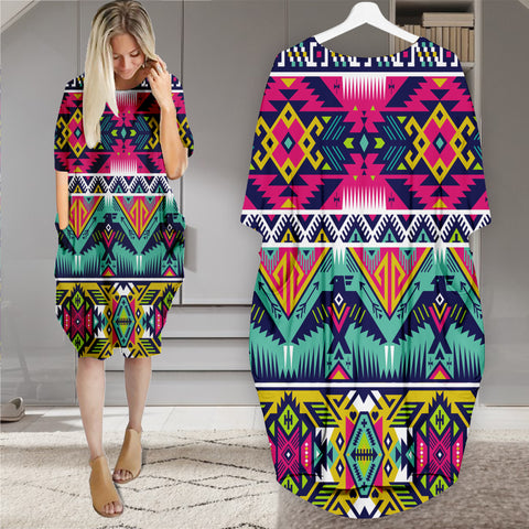 Powwow StoreGBNAT00071 Pattern Native Batwing Pocket Midi Dress