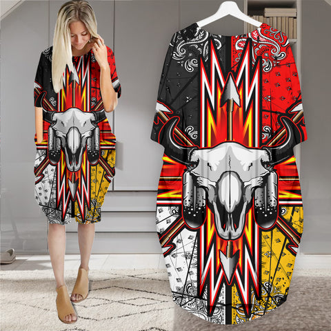 Powwow StoreGBNAT00015 Pattern Native Batwing Pocket Midi Dress