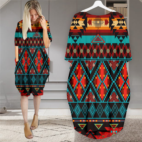 Powwow StoreGBNAT00112 Pattern Native Batwing Pocket Midi Dress