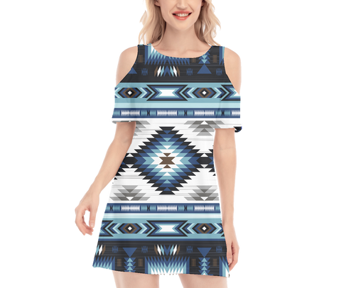 Powwow StoreGBNAT00528 Pattern Native Women's Cold Shoulder Oneck Dress
