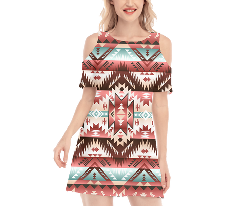 Powwow StoreGBNAT00540 Pattern Native Women's Cold Shoulder Oneck Dress
