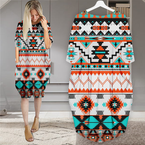 Powwow StoreGBNAT00152 Pattern Native Batwing Pocket Midi Dress