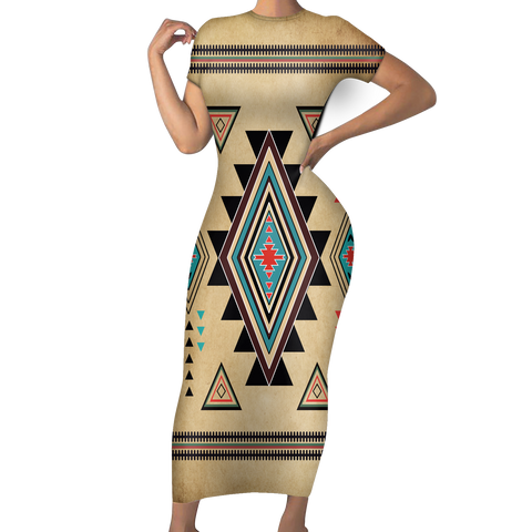 Powwow StoreGBNAT00076 Native Tribes Pattern Native American ShortSleeved Body Dress