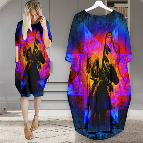 Powwow StoreGBNAT00097 Pattern Native Batwing Pocket Midi Dress