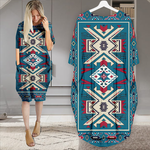 Powwow StoreGBNAT0003 Pattern Native Batwing Pocket Midi Dress