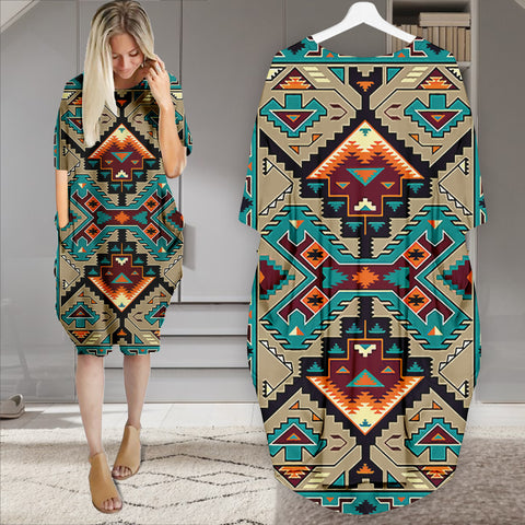 Powwow StoreGBNAT00016 Pattern Native Batwing Pocket Midi Dress