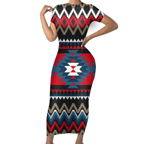 Powwow StoreGBNAT00529 Native Tribes Pattern Native American ShortSleeved Body Dress