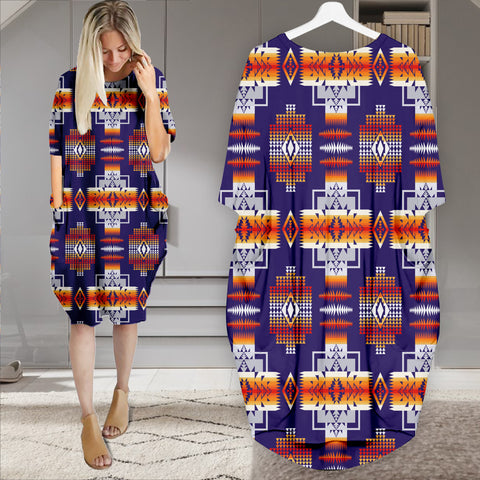 Powwow StoreGBNAT0004 Pattern Native Batwing Pocket Midi Dress