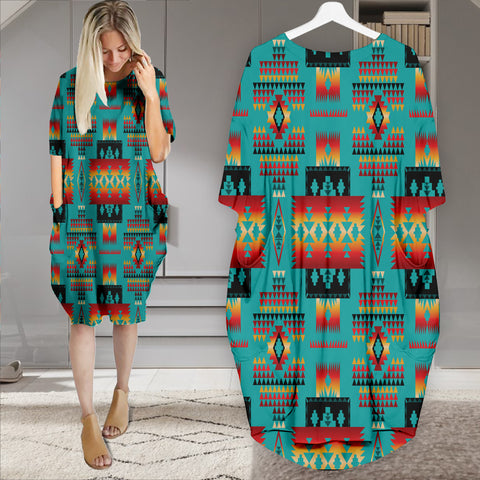 Powwow StoreGBNAT0004601 Pattern Native Batwing Pocket Midi Dress