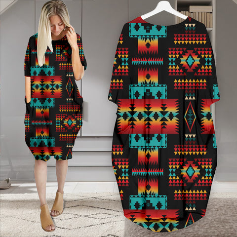 Powwow StoreGBNAT0004602 Pattern Native Batwing Pocket Midi Dress