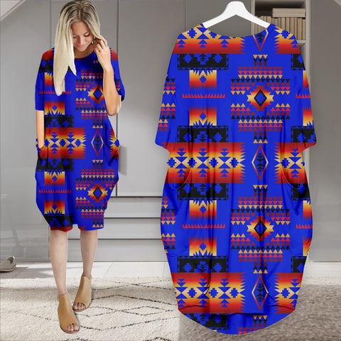 Powwow StoreGBNAT0004606 Pattern Native Batwing Pocket Midi Dress