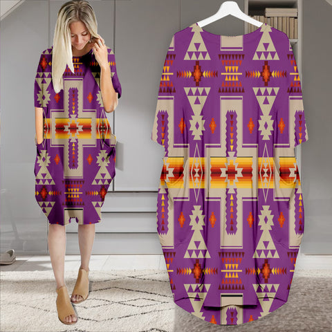 Powwow StoreGBNAT0006207 Pattern Native Batwing Pocket Midi Dress