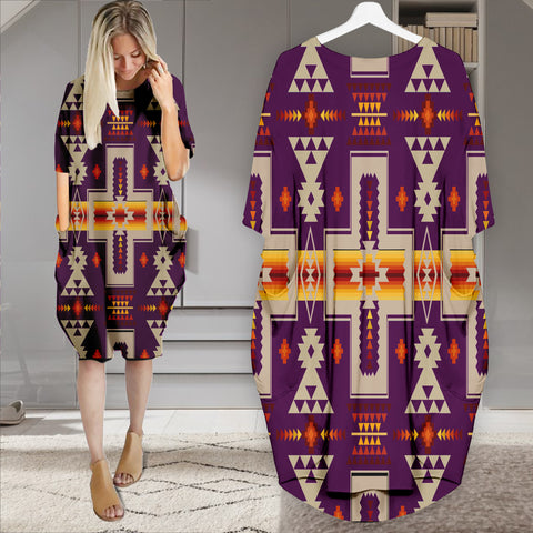 Powwow StoreGBNAT0006209 Pattern Native Batwing Pocket Midi Dress