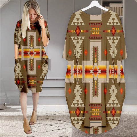 Powwow StoreGBNAT0006210 Pattern Native Batwing Pocket Midi Dress