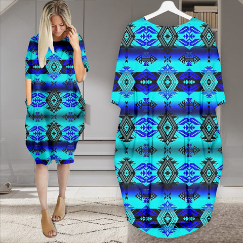 Powwow StoreGBNAT00625  Pattern Native Batwing Pocket Midi Dress