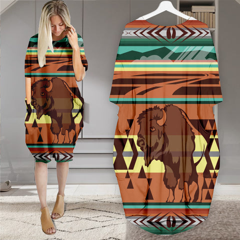 Powwow StoreGBNAT00024 Pattern Native Batwing Pocket Midi Dress