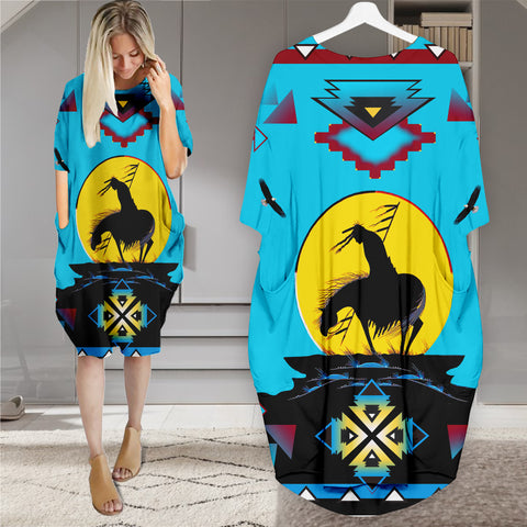 Powwow StoreGBNAT00025 Pattern Native Batwing Pocket Midi Dress