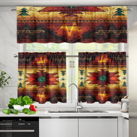 Powwow StoreGBNAT00068 Pattern Native American  Curtain Valance and Kitchen Tiers Set