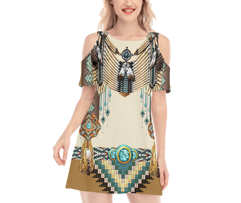 Powwow StoreGBNAT00059 Pattern Native Women's Cold Shoulder Oneck Dress