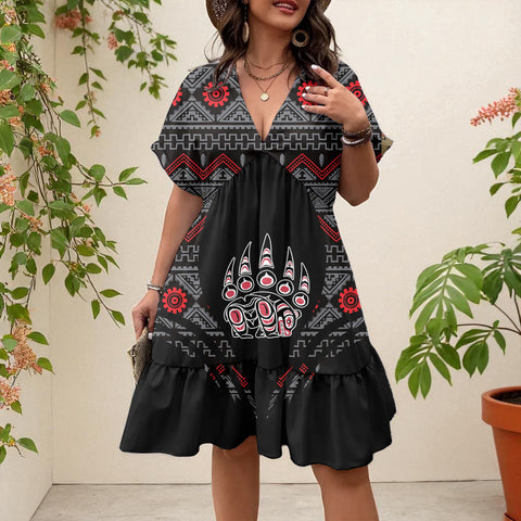 AQS0036 Native American Women Floral V-Neck Short Sleeve Dress