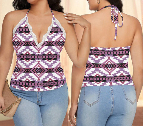 BS-000217 Native American Women Lace-Trimmed Tie-Back Top