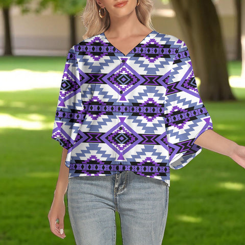 BS-000217v3 Native American Women V-Neck Batwing Sleeve Button Top
