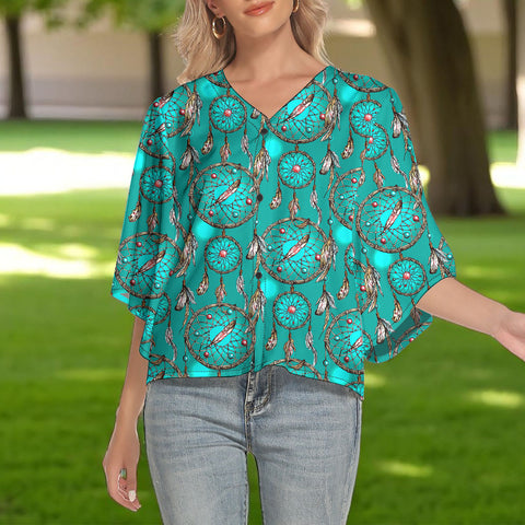 BS-000299 Native American Women V-Neck Batwing Sleeve Button Top
