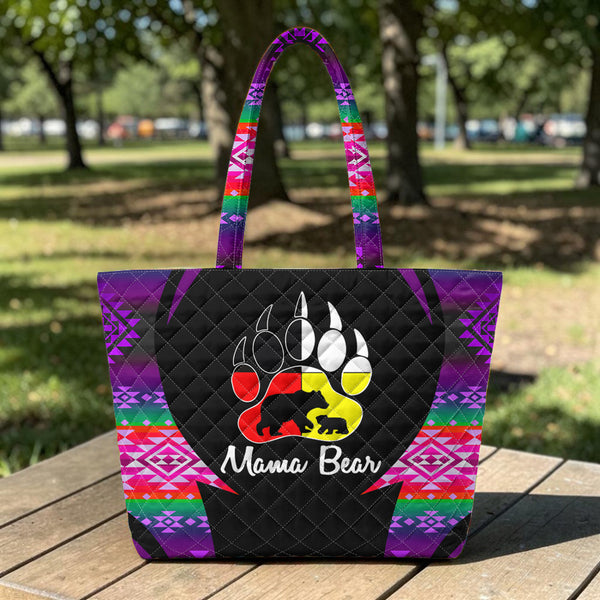 BS-000358 Mama Bear Native American Quilted Shoulder Tote Bag