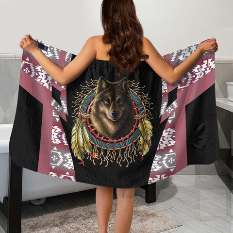 BT250312M01 Wolf Native American Women Velcro Bath Towel with Pocket