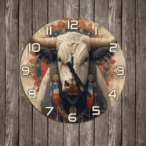 Bison Native American Vintage Feathers Wall Clock