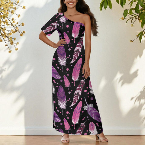 CLP00034 Native American One-Sleeve Off-Shoulder Maxi Dress