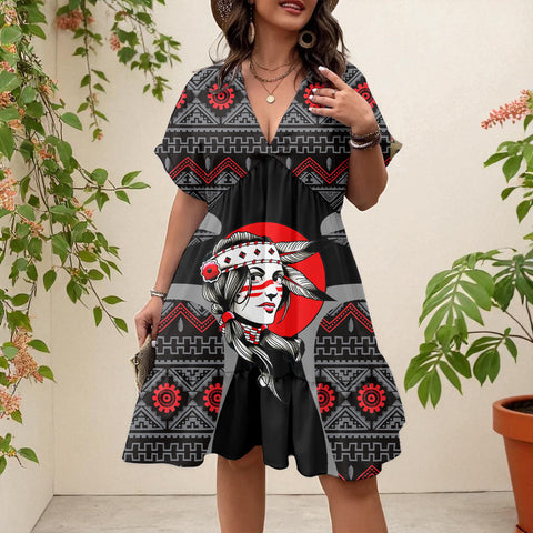 COMB2094 Native American Women Floral V-Neck Short Sleeve Dress