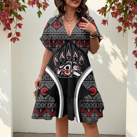 CSA-00212 Native American Women Floral V-Neck Short Sleeve Dress