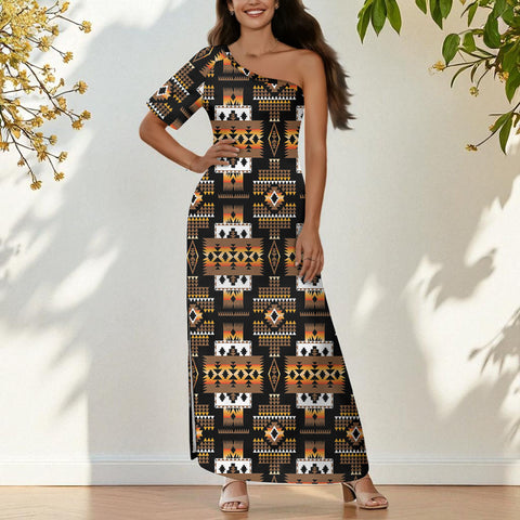 GB-HS00024 Native American One-Sleeve Off-Shoulder Maxi Dress