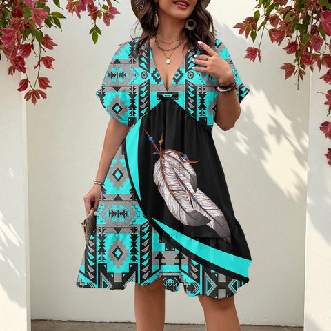 GB-HW000754 Native American Women Floral V-Neck Short Sleeve Dress