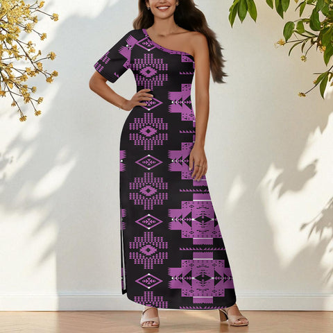 GB-HW00077 Native American One-Sleeve Off-Shoulder Maxi Dress