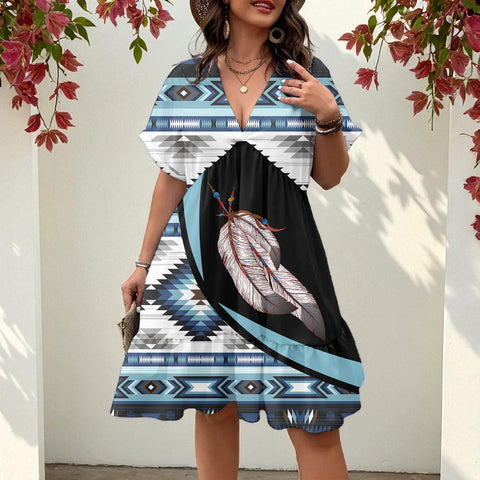 GB-HW000783 Native American Women Floral V-Neck Short Sleeve Dress