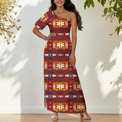 GB-HW00088 Native American One-Sleeve Off-Shoulder Maxi Dress