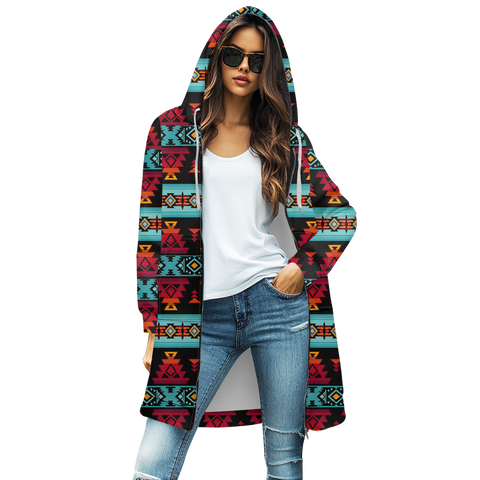 GB-HW0011313 Tribe Design Native Women's Mid-Length Hooded Sweatshirt Cardigan