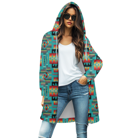 GB-NAT00046-01 Blue Tribes Native Women's Mid-Length Hooded Sweatshirt Cardigan