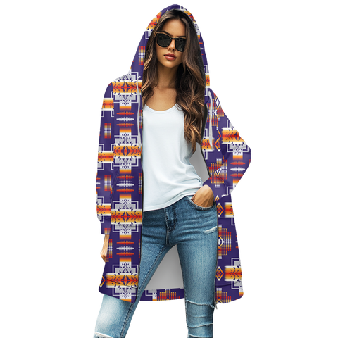 GB-NAT0004-01 Blue Tribes Native Women's Mid-Length Hooded Sweatshirt Cardigan