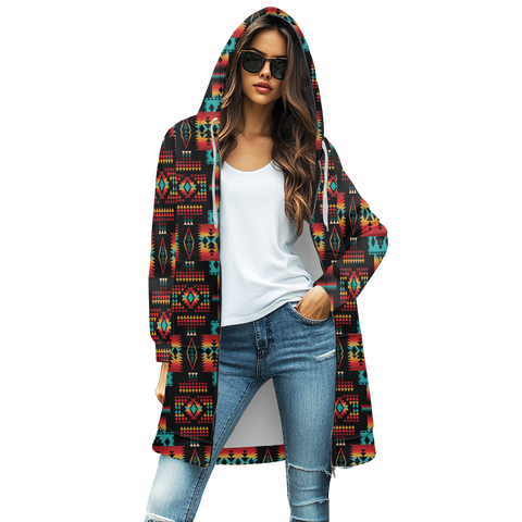 GB-NAT00046-02 Blue Tribes Native Women's Mid-Length Hooded Sweatshirt Cardigan