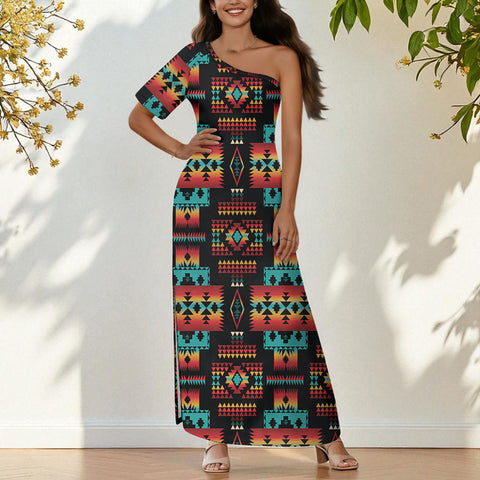 GB-NAT00046-02 Native American One-Sleeve Off-Shoulder Maxi Dress