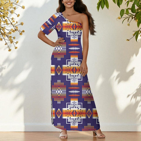 GB-NAT0004 Native American One-Sleeve Off-Shoulder Maxi Dress