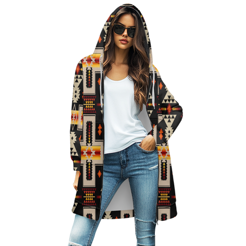 GB-NAT00062-01 Black Tribe Design Native Women's Mid-Length Hooded Sweatshirt Cardigan