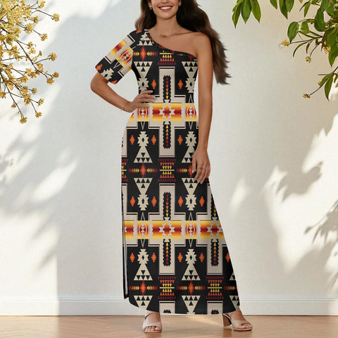GB-NAT00062-01 Native American One-Sleeve Off-Shoulder Maxi Dress